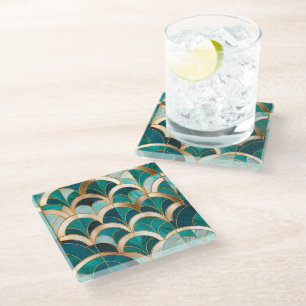 Dessous-de-verre En Verre Marbre Luxueux Mosaïque Art Déco Turquoise Bleu Or