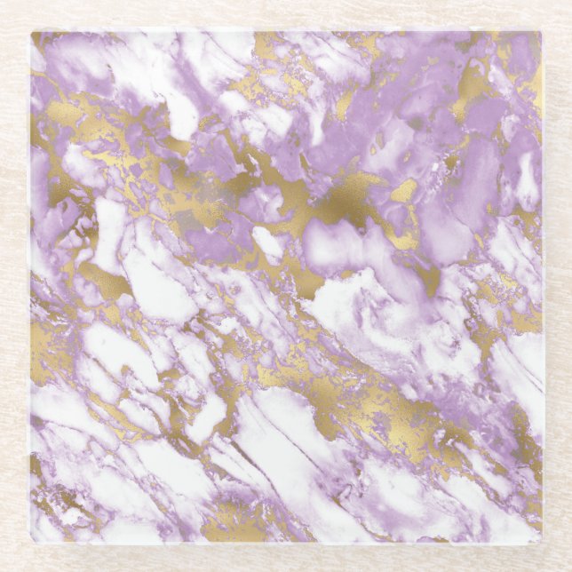 Dessous-de-verre En Verre Marbre Moderne Violet Clair, Blanc et Or (Devant)