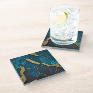 Dessous-de-verre En Verre Marbre mosaïque bleu cobalt avec veines à incrusta