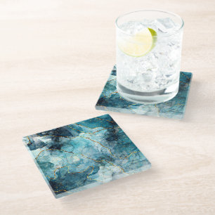 Dessous-de-verre En Verre Marbre pailleté bleu et or