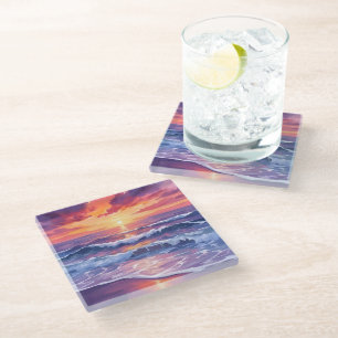 Dessous-de-verre En Verre Marée Violette   Vagues de l'Océan au Coucher de S