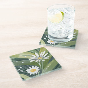 Dessous-de-verre En Verre Marguerites de printemps   Jardin floral blanc aqu