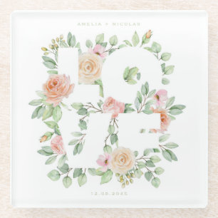 Dessous-de-verre En Verre Mariage Aquarelle Roses et Verdure LOVE