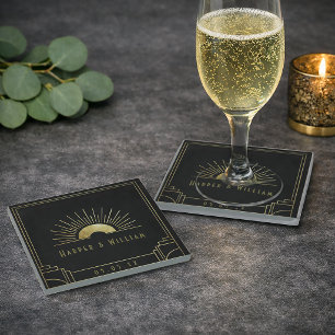 Dessous-de-verre En Verre Mariage Art Déco avec soleil éclatant en or