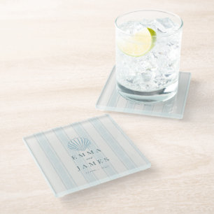 Dessous-de-verre En Verre Mariage Blanc Bleu Coquillage des Côtes