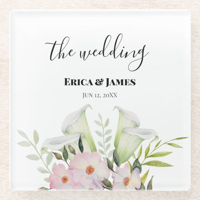 Dessous-de-verre En Verre Mariage Blanc Doux Calla Lily Rose Aquarelle S (Devant)