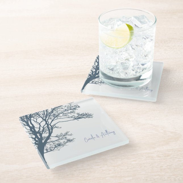 Dessous-de-verre En Verre Mariage Boho d'arbre simple bleu (Incliné)