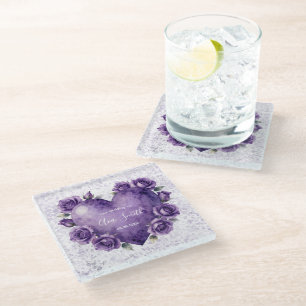 Dessous-de-verre En Verre Mariage Cœur et Roses Aquarelle Violette