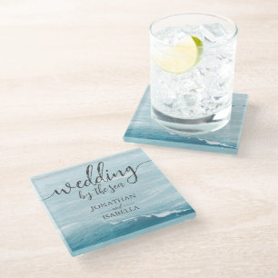 Dessous-de-verre En Verre Mariage d'été au bord de la mer bleue ondulée ombr