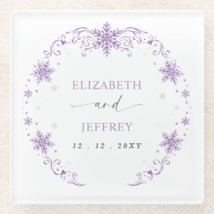 Dessous-de-verre En Verre Mariage d'hiver aux flocons de neige violets éléga