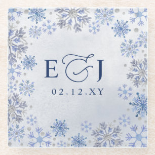 Dessous-de-verre En Verre Mariage d'hiver flocons de neige bleu argent Monog