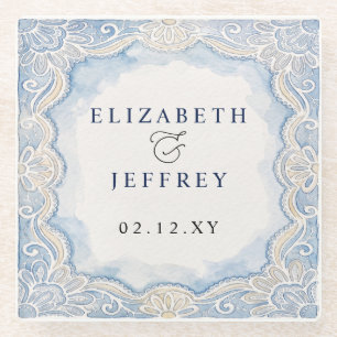 Dessous-de-verre En Verre Mariage Dusty Blue Ivoire Dentelle Old Money