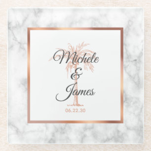 Dessous-de-verre En Verre Mariage en marbre Rose gris charbon or Palm Tree