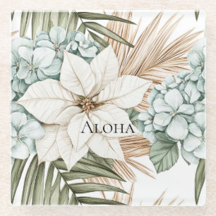 Dessous-de-verre En Verre Mariage Fleurs Blanches Bleues Tropicales