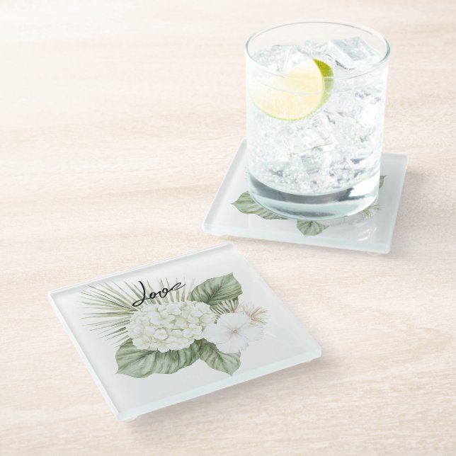Dessous-de-verre En Verre Mariage Floral d'Hydrangea de Plage Tropical Aloha (Incliné)