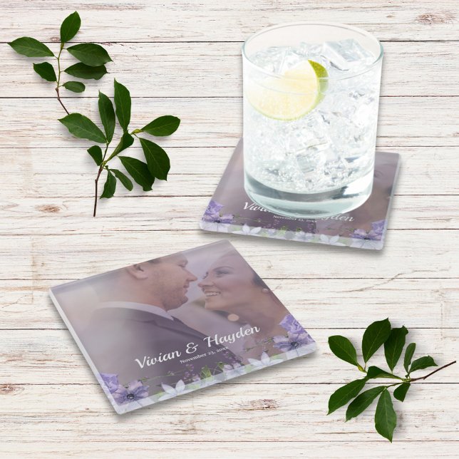 Dessous-de-verre En Verre Mariage Floral pourpre doux (Créateur téléchargé)