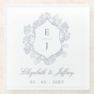 Dessous-de-verre En Verre Mariage Monogramme Crête Fleurie Bleu Poussière
