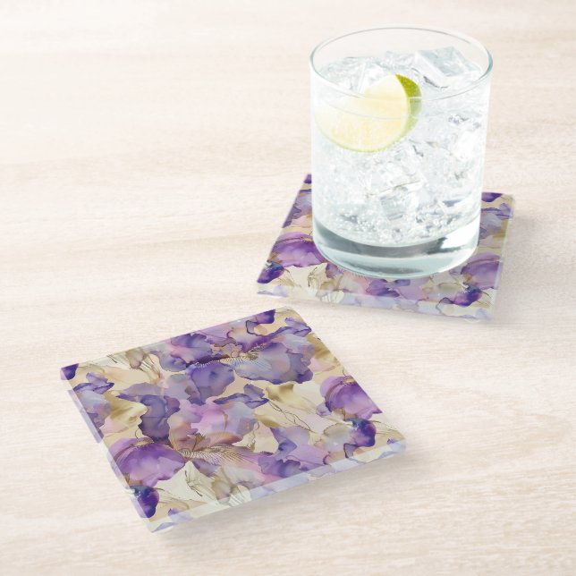 Dessous-de-verre En Verre Mariage Romantique Fleur d'Iris Violet Or Lavage d (Incliné)