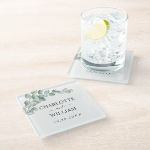 Dessous-de-verre En Verre Mariage Rustique Aquarelle Eucalyptus Verdure
