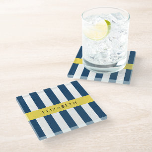 Dessous-de-verre En Verre Marine Blue Stripes, Motif rayé, Votre nom