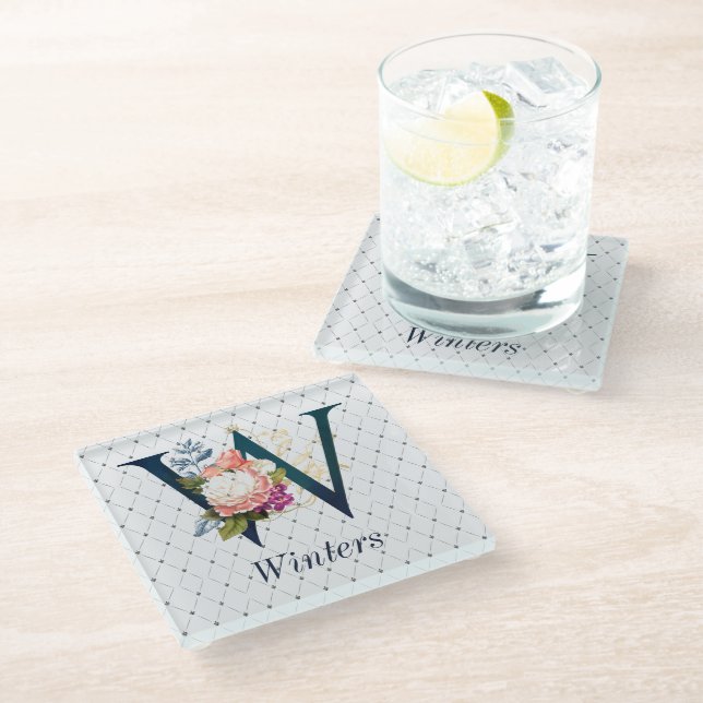 Dessous-de-verre En Verre Marine Floral Monogramme W Dessous de verre Carré (Incliné)