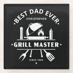 Dessous-de-verre En Verre Meilleur Papa du Monde Maître du Grill Noir & Bl
