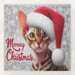 Dessous-de-verre En Verre Meow Christmas Devon Rex Cat, Xmas Père Noël Cat