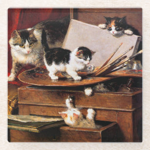 Dessous-de-verre En Verre Mère Chat et chatons sur table