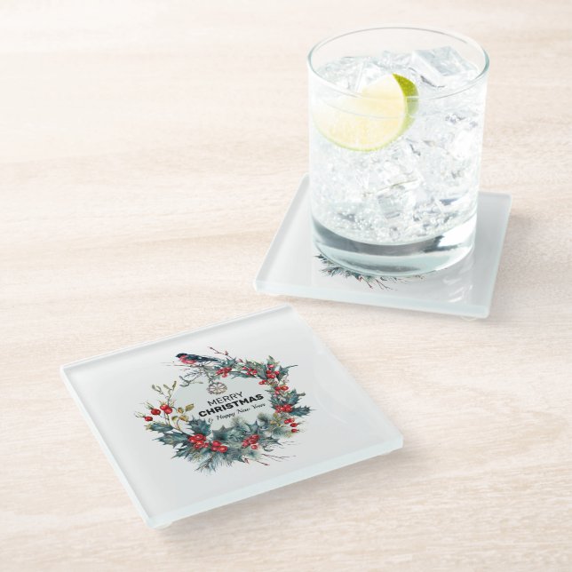 Dessous-de-verre En Verre Merry Christmas-Red Berries & Bullfinch (Incliné)
