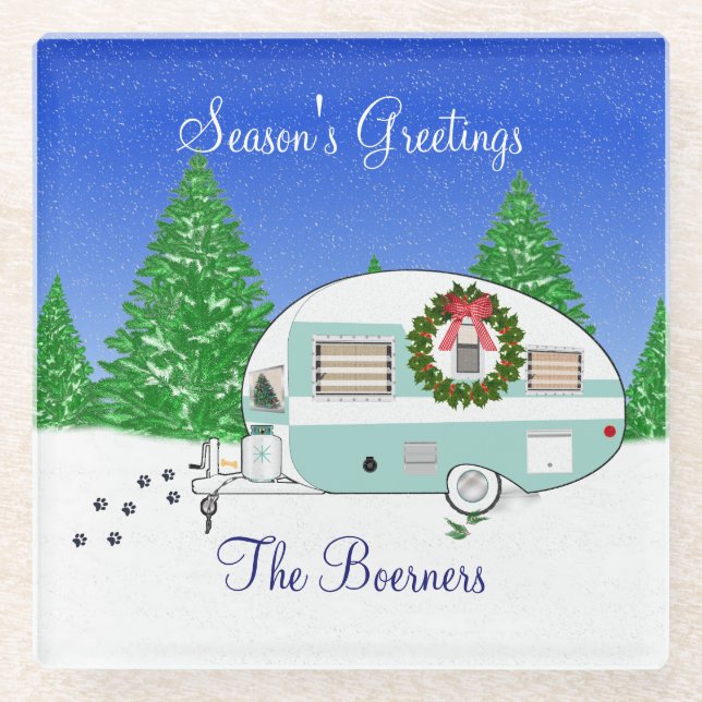 Dessous-de-verre En Verre Merry Christmas Retro Camper Trailer (Devant)