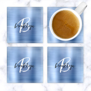 Dessous-de-verre En Verre Métal brossé Bleu Noir Blanc Script Monogramme