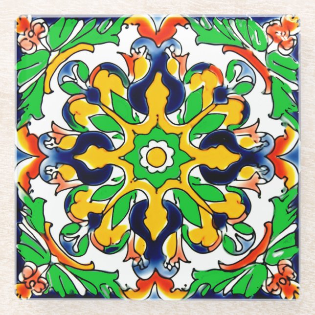 Dessous-de-verre En Verre Mexique Talavera Terracotta Carrelage Design No 4 (Devant)
