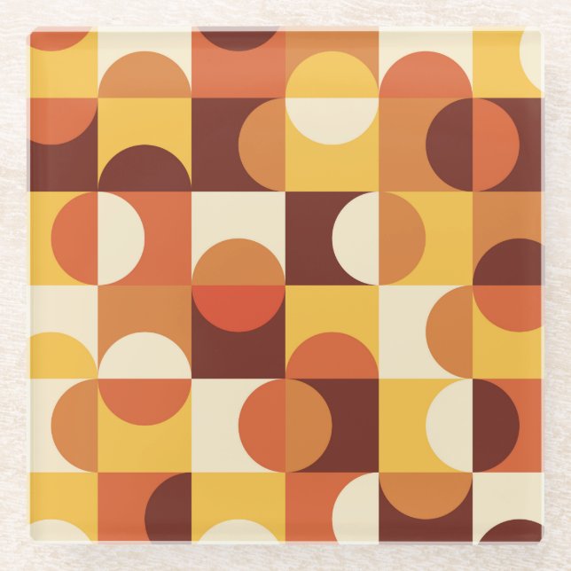 Dessous-de-verre En Verre Mid Century Moderne demi cercles jaune et orange (Devant)