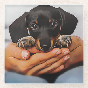 Dessous-de-verre En Verre Mignonne Chiot Dachshund Mensongé À genoux Humains