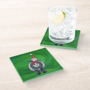 Dessous-de-verre En Verre Mignonne mouton à Santa Chapeau sur vert