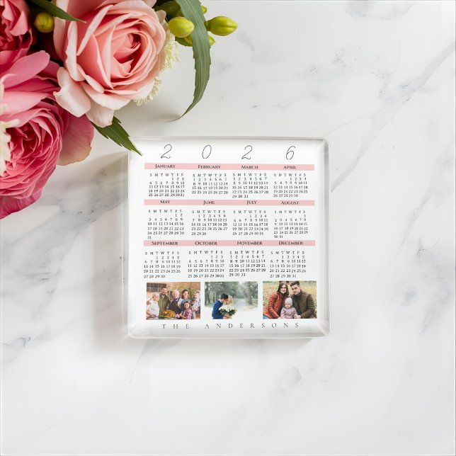Dessous-de-verre En Verre Minimalist 2026 Multi Photo Calendar  Keepsake (2026 Multi Photo Family Calendar Glass Coaster | Personalized Custom Photo Keepsake)
