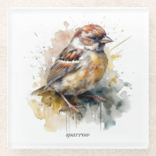 Dessous-de-verre En Verre Moineau à l'aquarelle rustique, personnalisé
