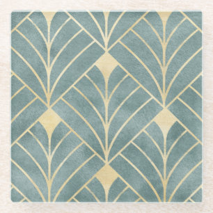 Dessous-de-verre En Verre Monnaie verte, or, motif Art déco, vintage, rétro,