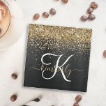 Dessous-de-verre En Verre Monogramme à étincelle noire à Parties scintillant<br><div class="desc">Personnalisez facilement cet élégant dessous de verre en verre design avec une jolie parties scintillant dorée brillante sur un arrière - plan métallique brossé noir.</div>