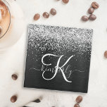 Dessous-de-verre En Verre Monogramme à étincelle noire à Parties scintillant<br><div class="desc">Personnalisez facilement ce design élégant et branché de dessous de verre en verre avec une jolie parties scintillant brillante en argent sur un arrière - plan métallique brossé noir.</div>