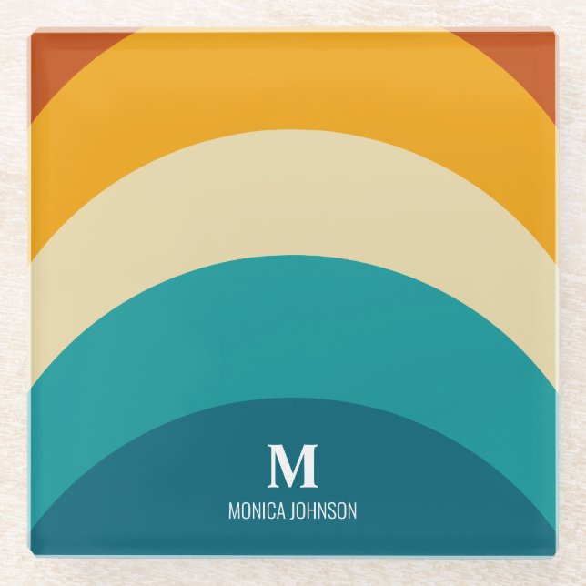 Dessous-de-verre En Verre Monogramme arc-en-ciel Nom personnalisé Retro Suns (Devant)