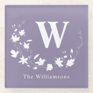 Dessous-de-verre En Verre Monogramme Classique Nom Couronne Florale Lilas Pe