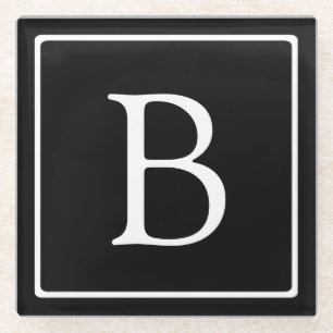 Dessous-de-verre En Verre Monogramme Classique Simple Noir avec Texte Blan