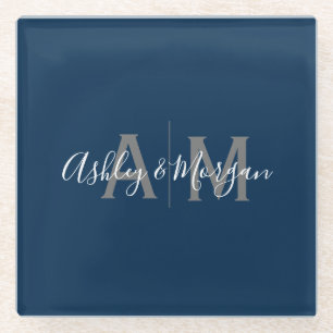 Dessous-de-verre En Verre Monogramme de couple gris et bleu moderne