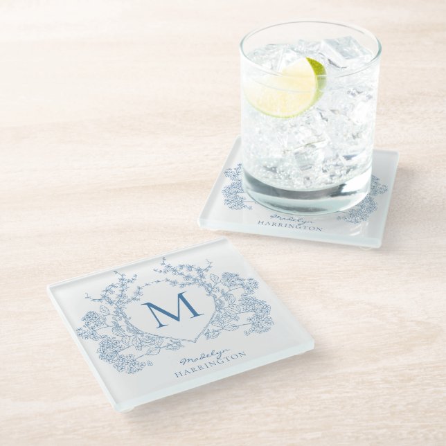 Dessous-de-verre En Verre Monogramme de crête Florale Bleu Français Classiqu (Incliné)