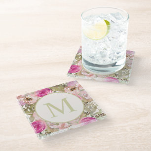 Dessous-de-verre En Verre Monogramme de feuilles vert sauge florales aquarel