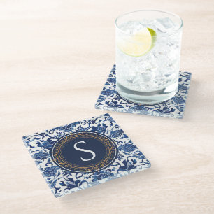 Dessous-de-verre En Verre Monogramme de style chinois bleu et blanc avec or