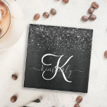 Dessous-de-verre En Verre Monogramme d'étincelle à Parties scintillant noire<br><div class="desc">Personnalisez facilement ce dessous de verre en verre élégant et branché avec une jolie parties scintillant brillante noire sur un arrière - plan métallique brossé noir.</div>