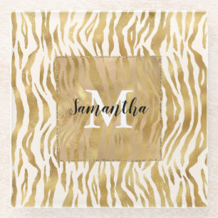 Dessous-de-verre En Verre Monogramme d'impression Cream Gold Zebra
