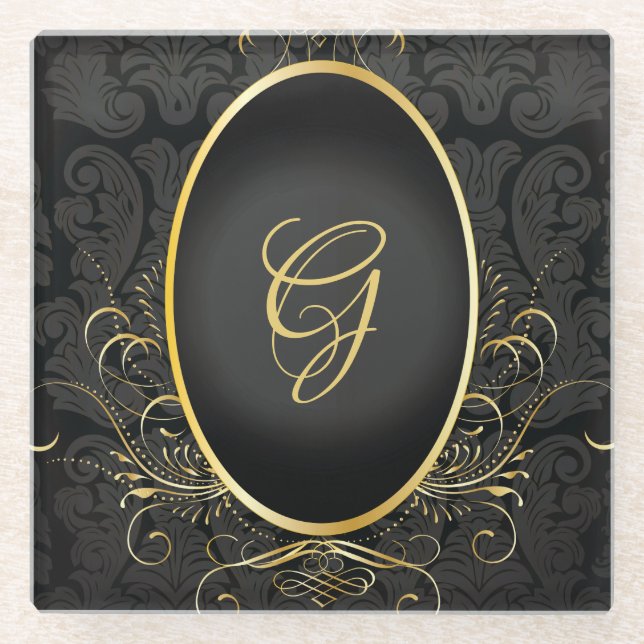 Dessous-de-verre En Verre Monogramme d'or noir Classy Royal Style Dessous de (Devant)